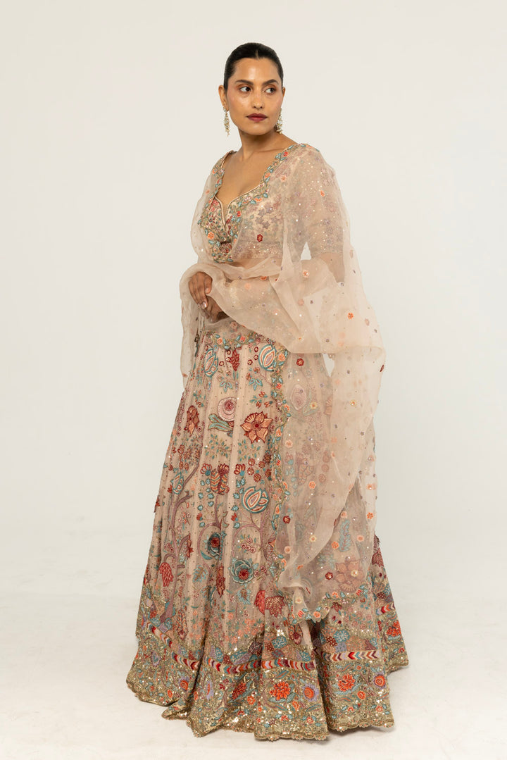 Chintz Hand-Embroidered Lehenga Set in Pastel Peach