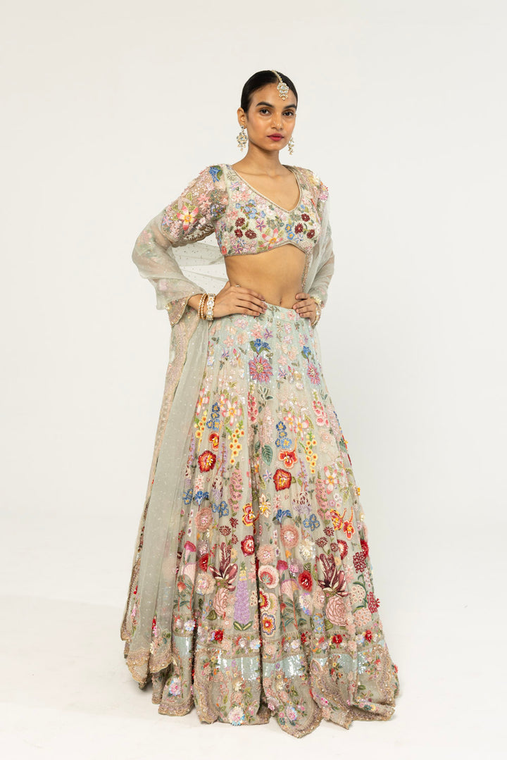 Himadri Hand-Embroidered Lehenga Set in Mint