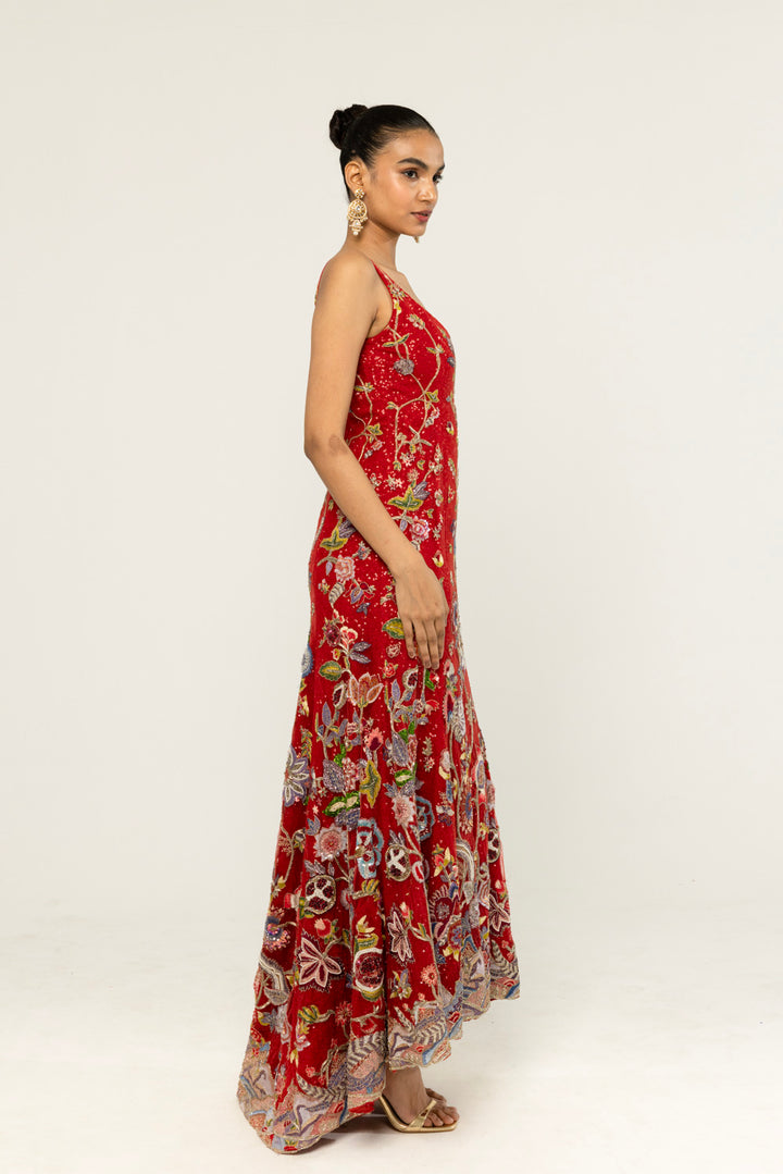 Anar Bel Hand-Embroidered Gown in Red