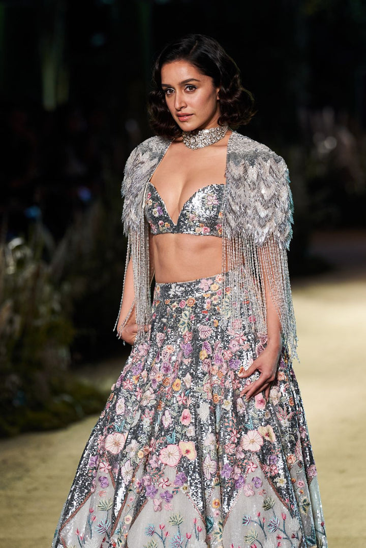 Sundarbans Silk Organza Lehenga with Hand-Embroidered Blouse and Iris Cape in Gold, Ivory, and Multi