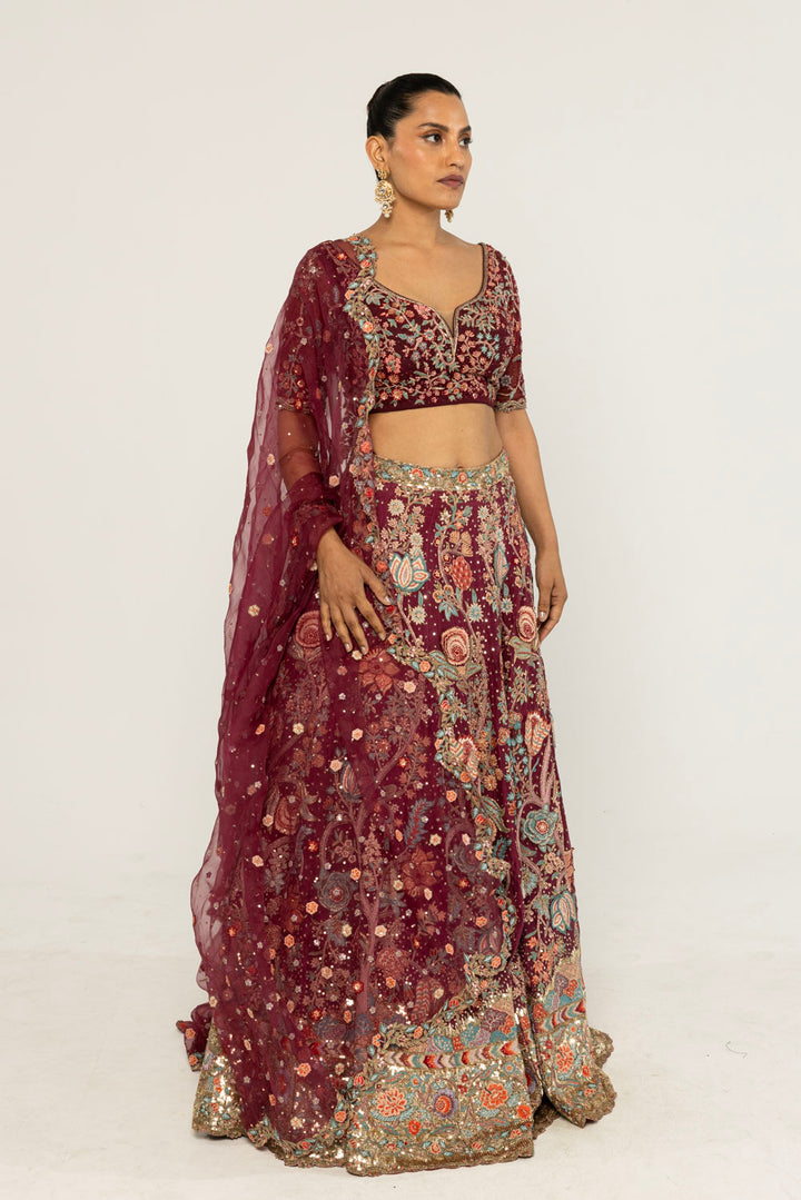 Chintz Hand-Embroidered Lehenga Set in Burgundy