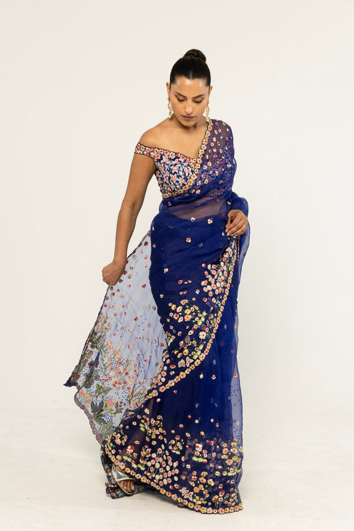 Verdure Hand-Embroidered Saree Set in Ink Blue