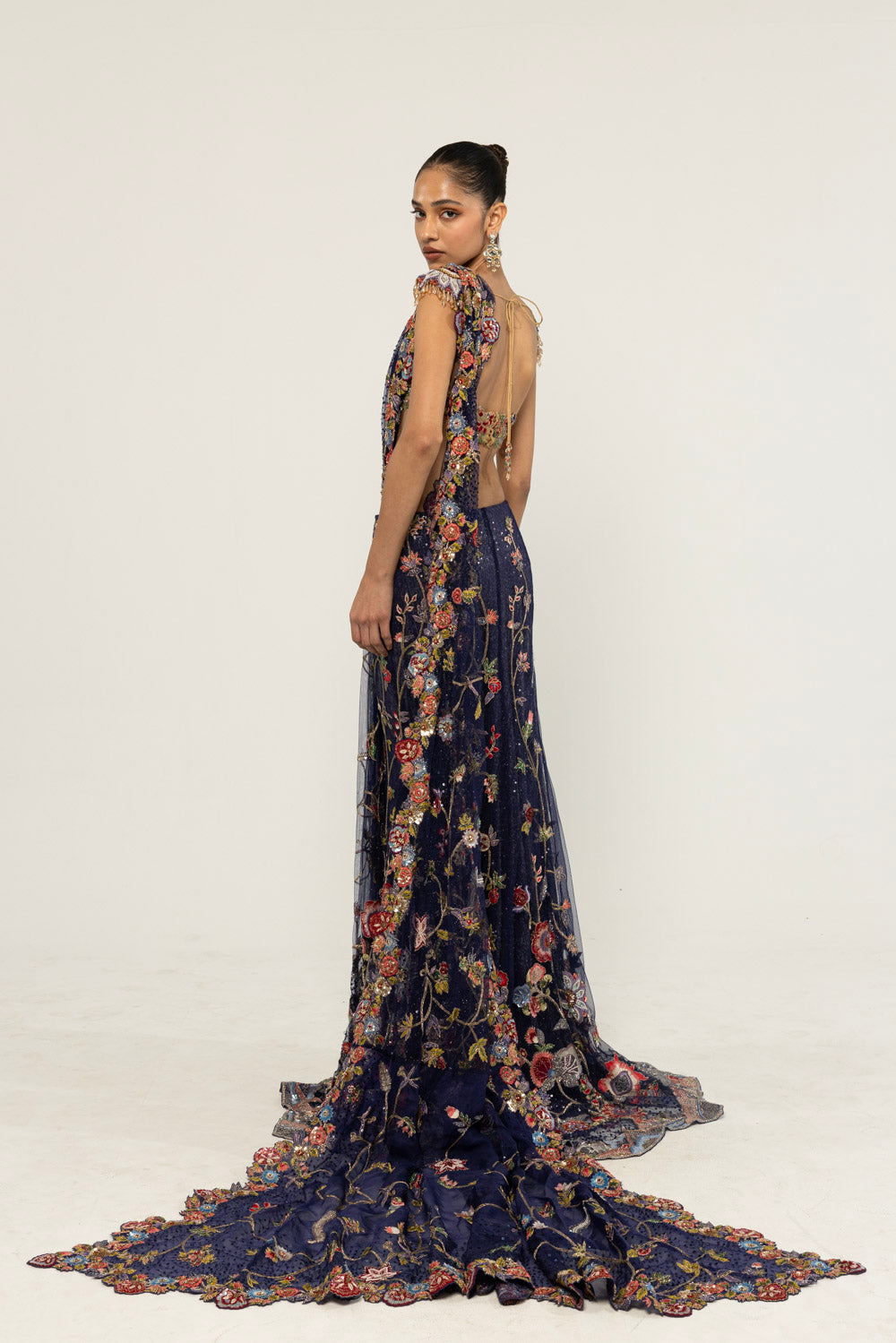Anar Bel Hand-Embroidered Saree Set in Navy