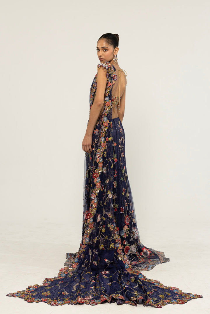 Anar Bel Hand-Embroidered Saree Set in Navy