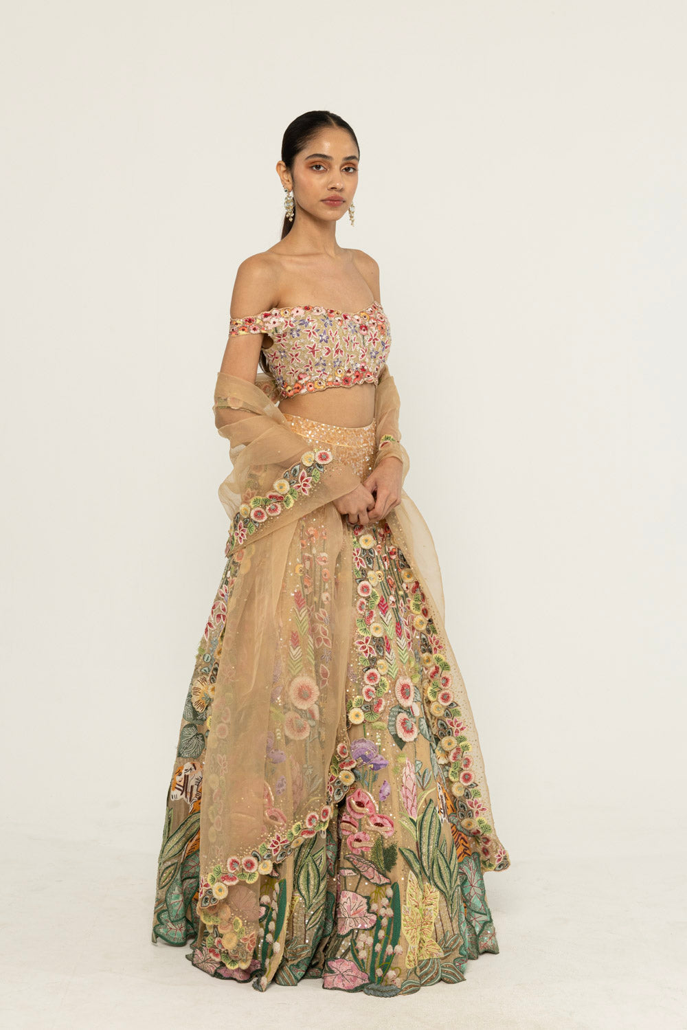 Verdure Hand-Embroidered Lehenga Set in Nude