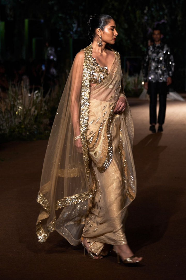 Water Wave 3D Hand-Embroidered Saree with Verdure Blouse and Tree Of Life Dupatta in Nude and Gold