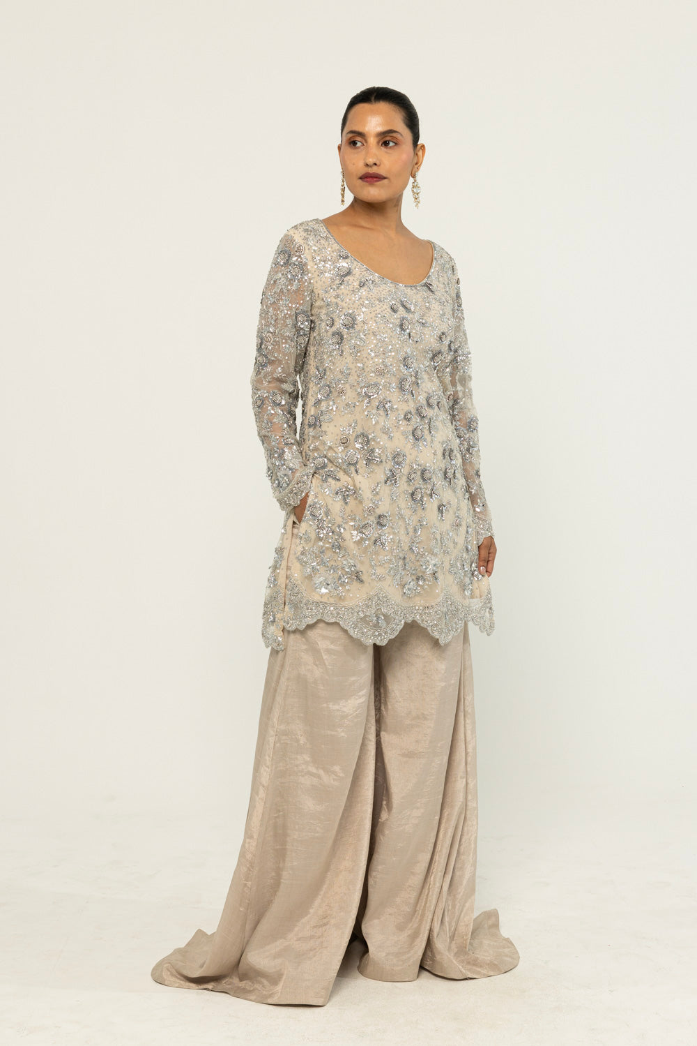 Himadri Hand-Embroidered Sharara Set in Silver