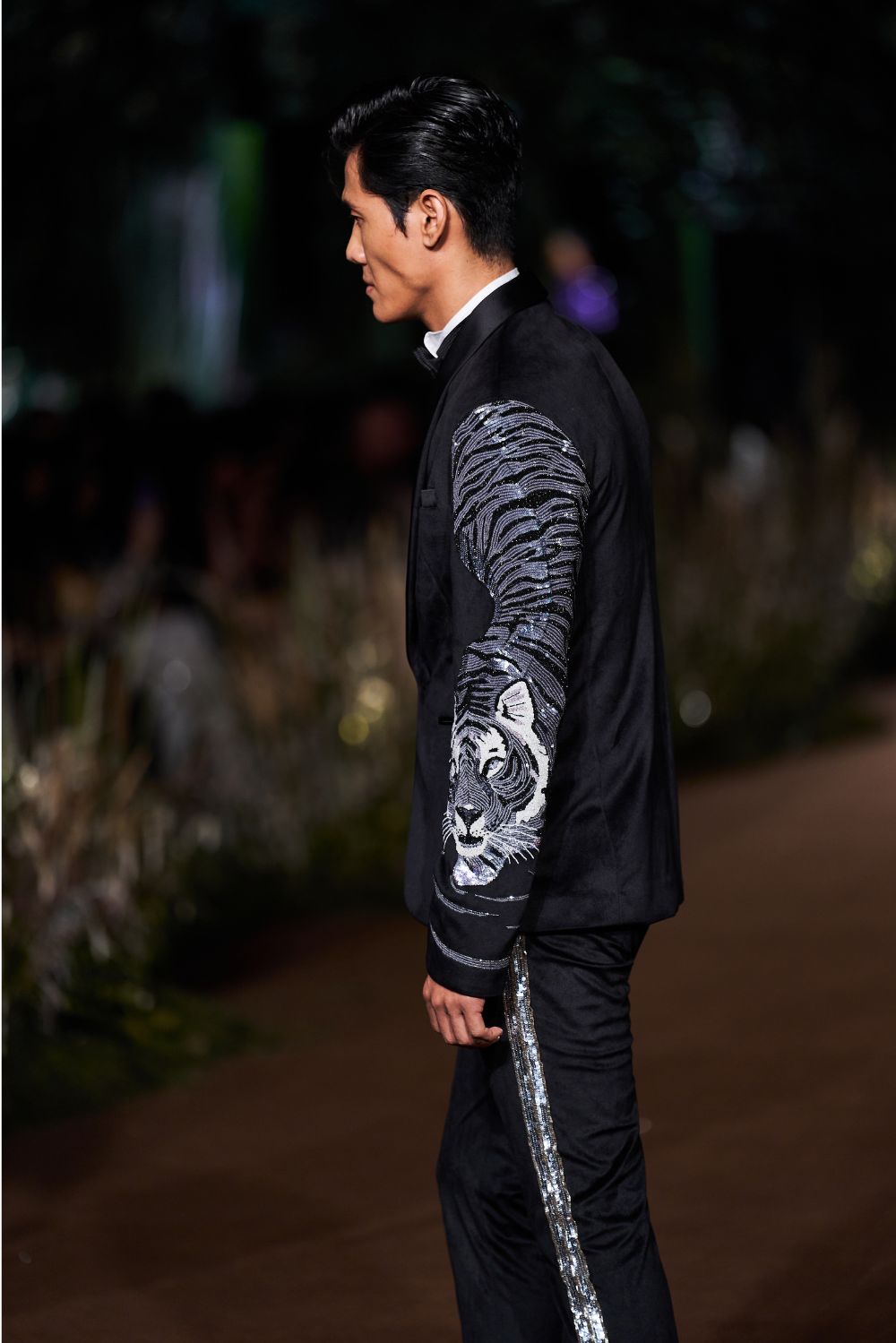 Sundarbans Silk Velvet Jacket with Classic Hand-Embroidered Shirt and Hand-Sequinned Trousers in Black and White