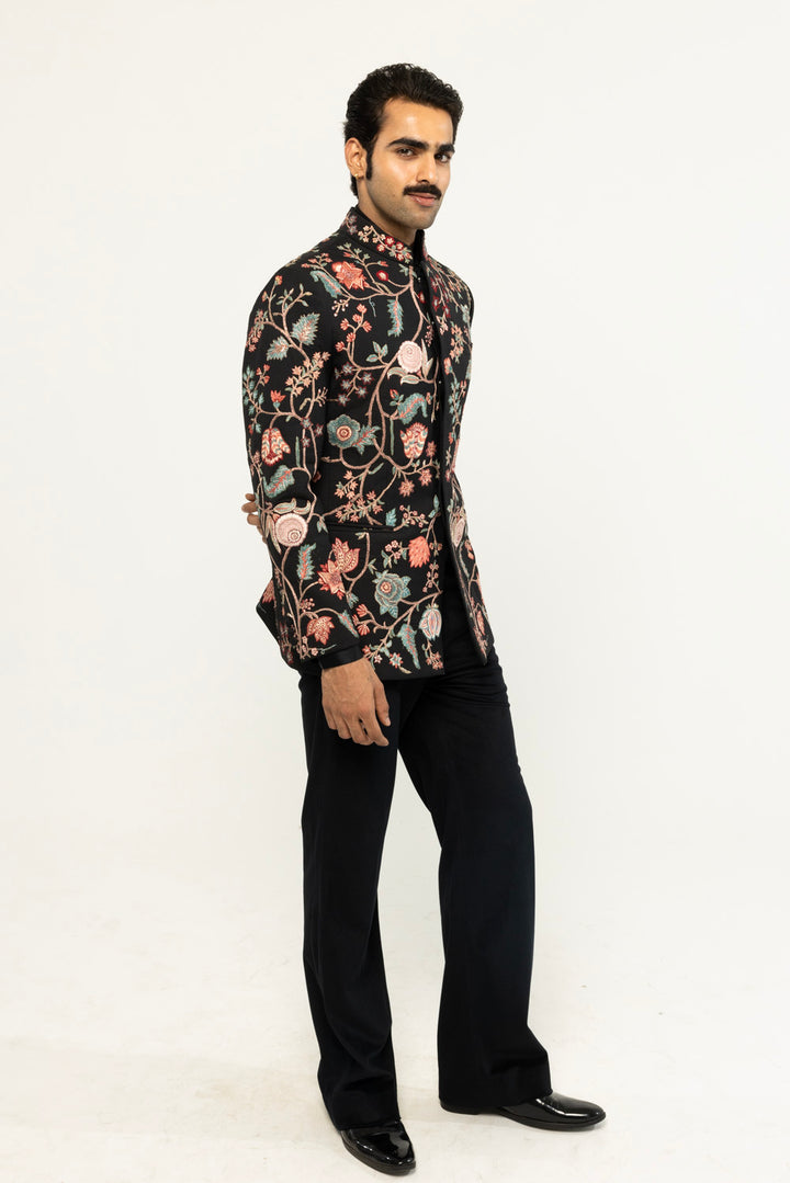 Anar Bel Hand-Embroidered Bandhgala in Black