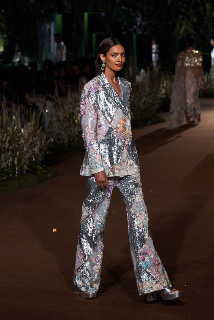 Sundarbans Silk Organza Jacket with Trousers in Ivory and Multi