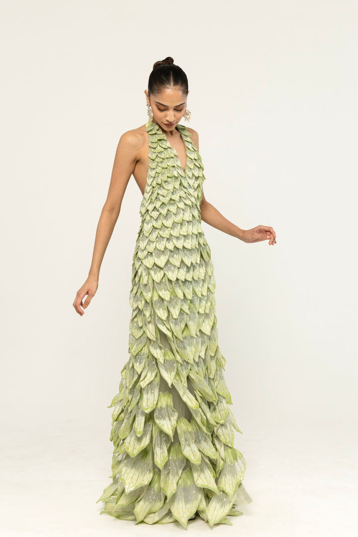 Medinilla Hand-Embroidered Gown in Mint