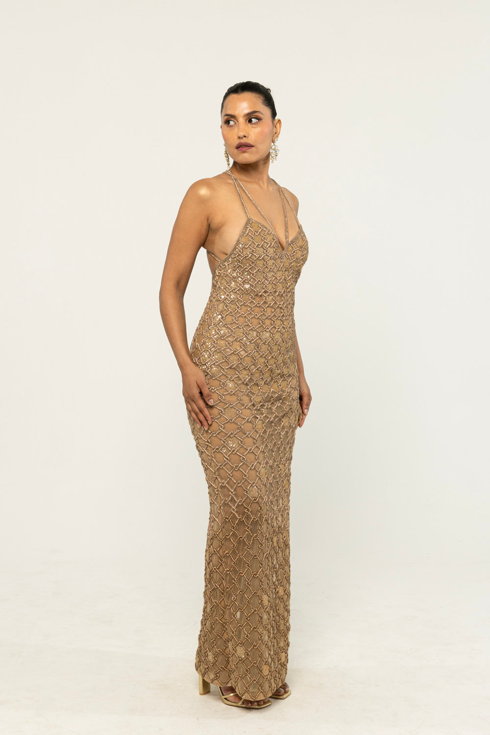 Lattice Hand-Embroidered Gown in Nude
