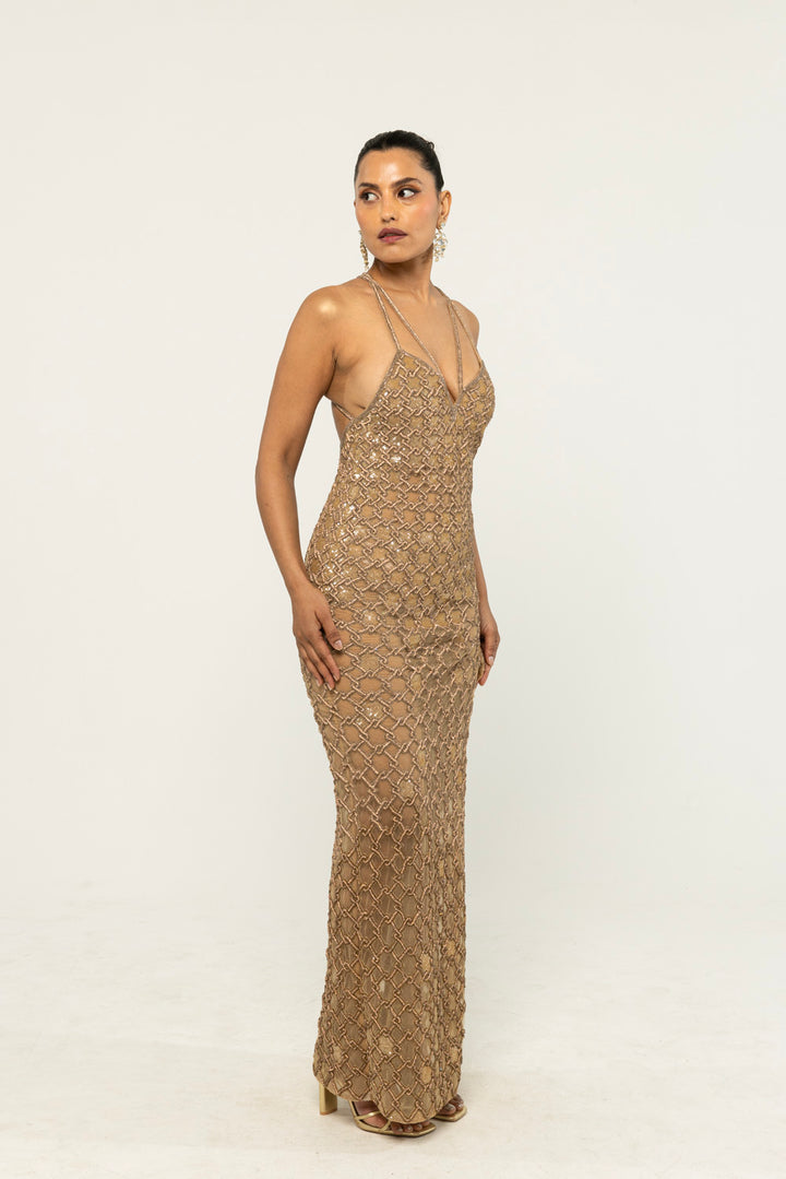 Lattice Hand-Embroidered Gown in Nude