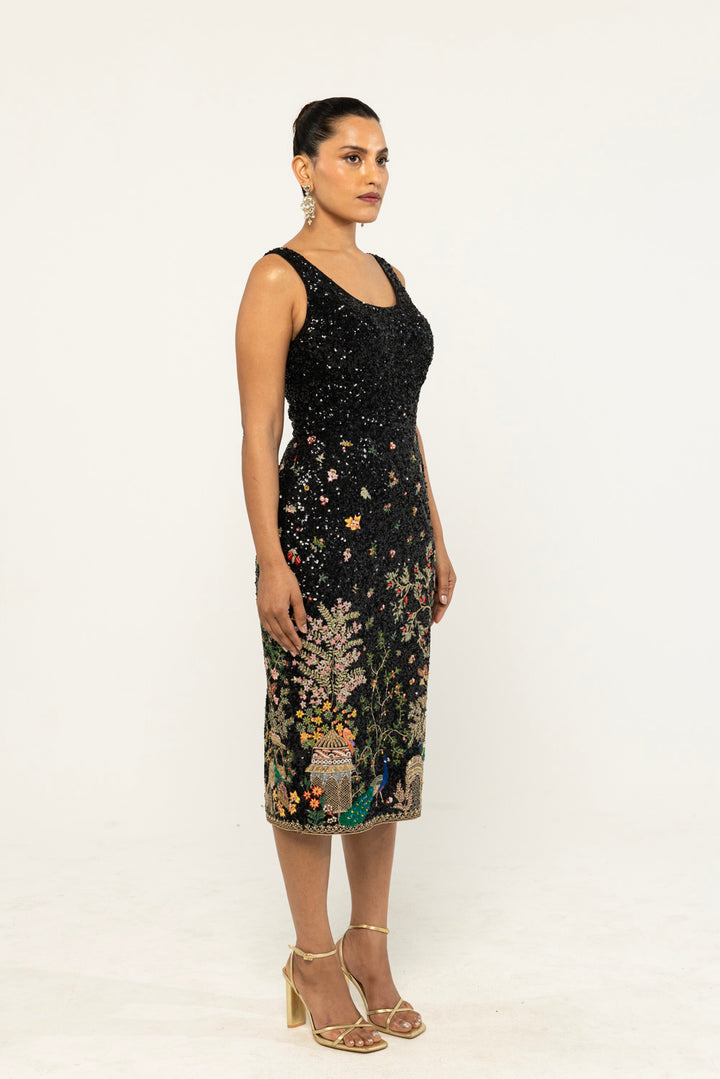 Jharokha Hand-Embroidered Dress in Black