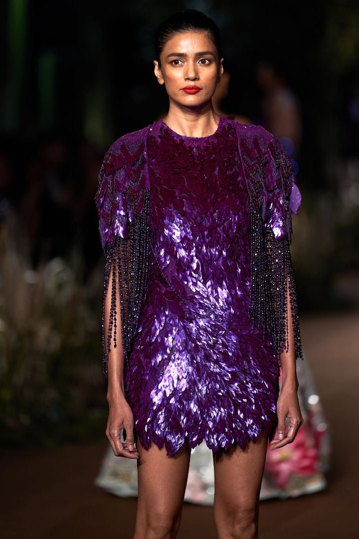 Iris Hand-Embroidered Cape with Dress in Gold and Purple