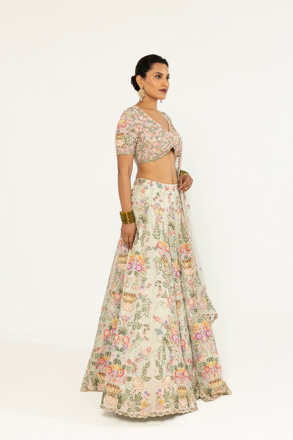 Guldasta Hand-Embroidered Lehenga Set in Mint