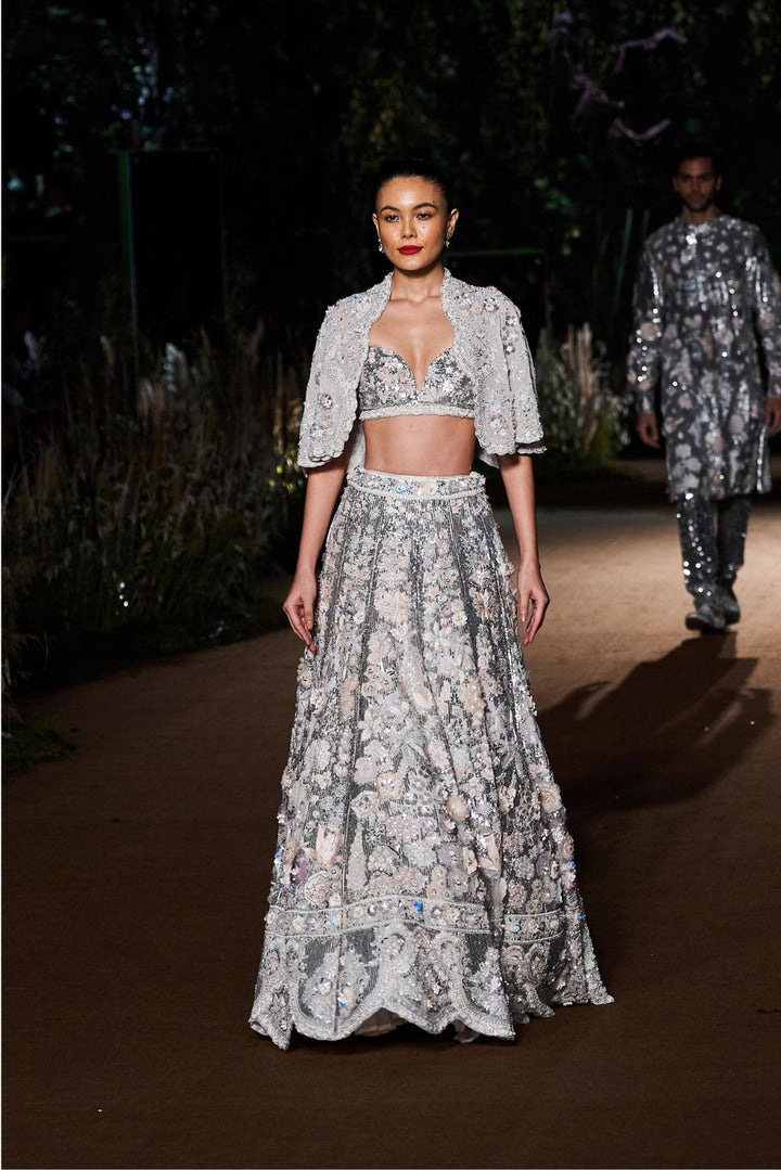 Himadri Silk Organza Lehenga Set with Blouse and Silk Georgette Cape in Ivory and Silver