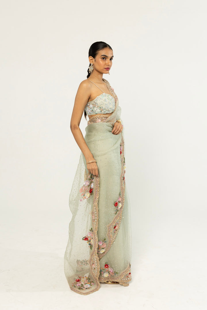 Himadri Hand-Embroidered Saree Set in Mint