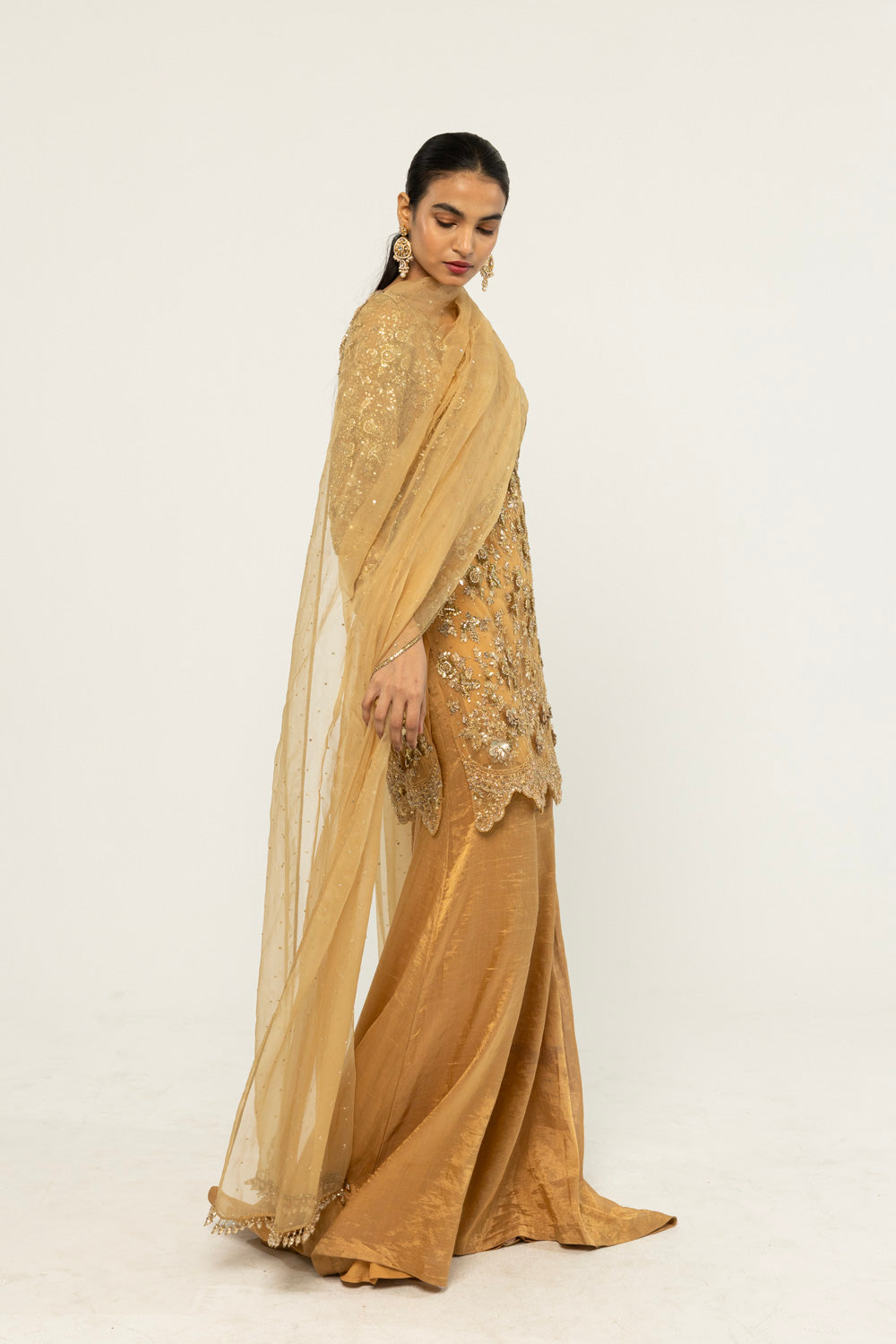 Himadri Hand-Embroidered Sharara Set in Copper Gold