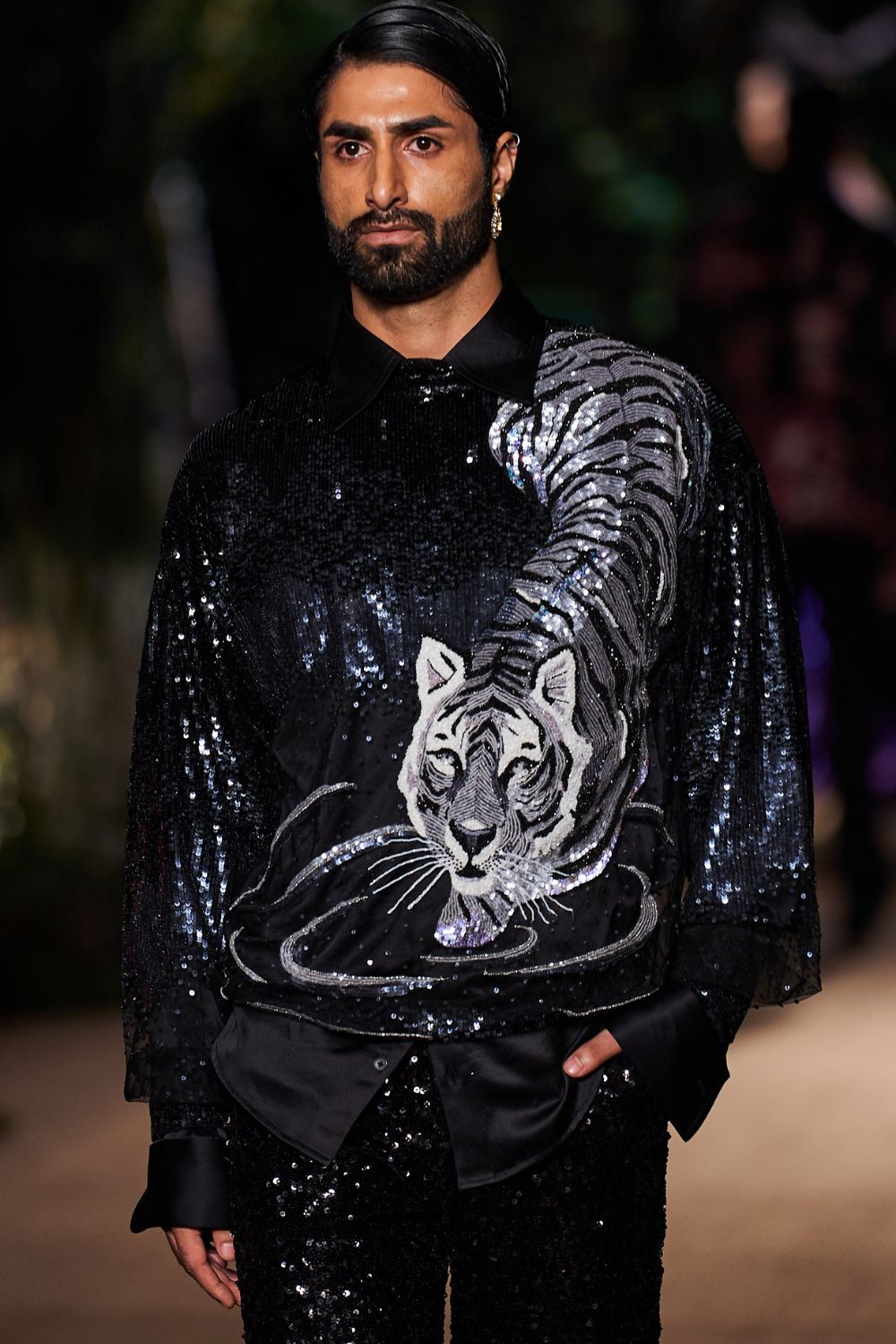 Sundarbans Hand-Embroidered Shirt with Sequinence Hand-Sequinned Trousers in Black and Silver