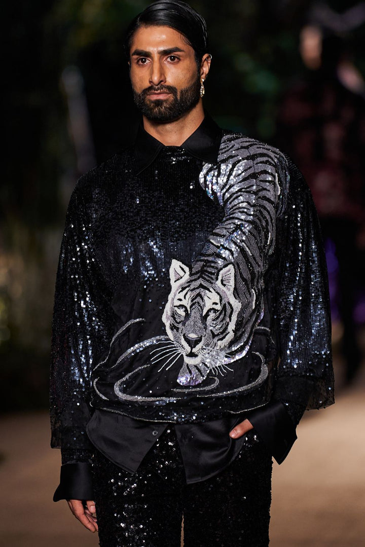 Sundarbans Hand-Embroidered Shirt with Sequinence Hand-Sequinned Trousers in Black and Silver