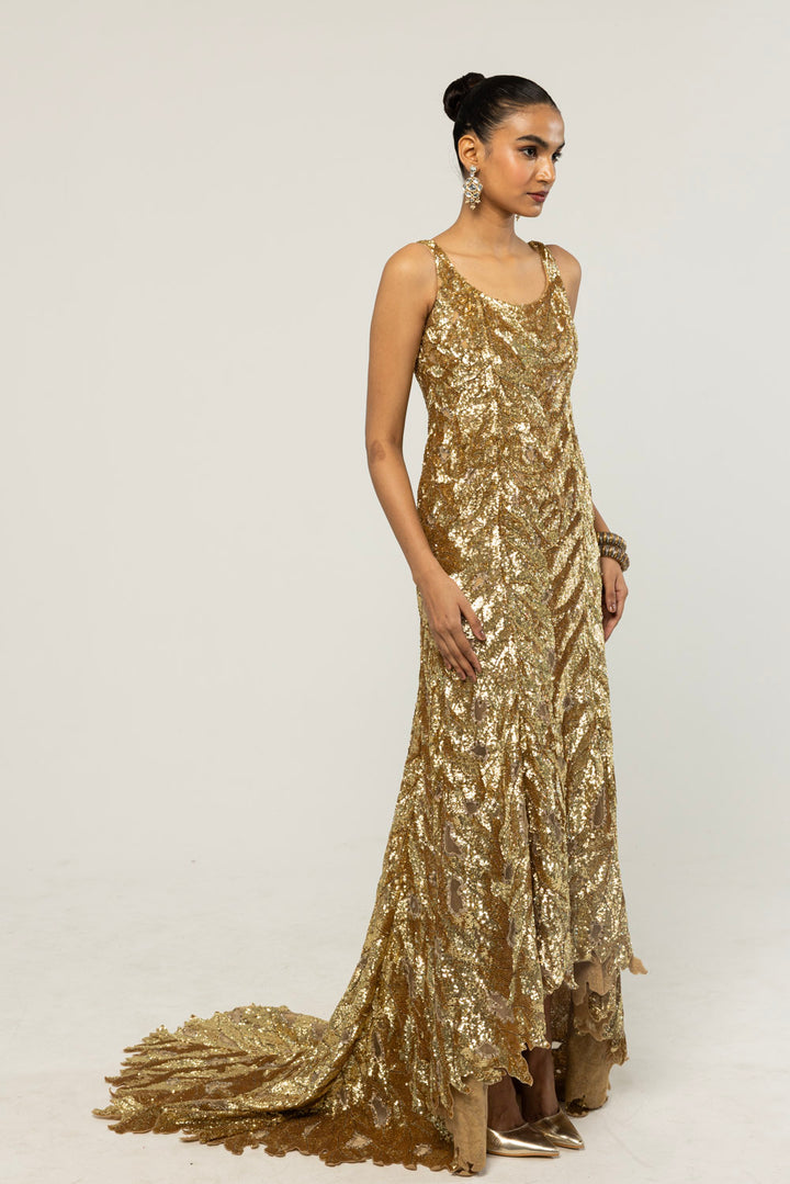 Textured Leaf Hand-Embroidered Gown in Nude and Gold