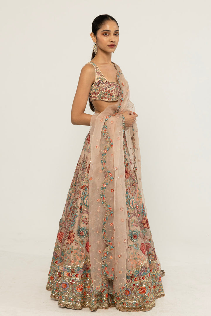Chintz Hand-Embroidered Lehenga Set in Pastel Peach