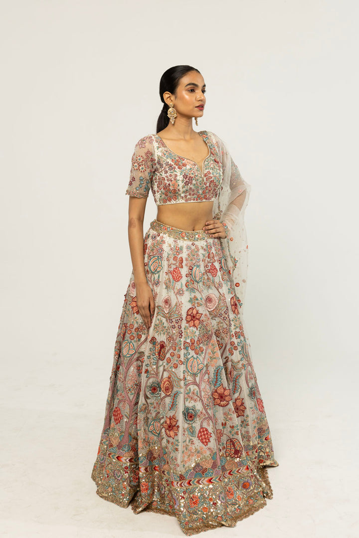Chintz Hand-Embroidered Lehenga Set in Ivory