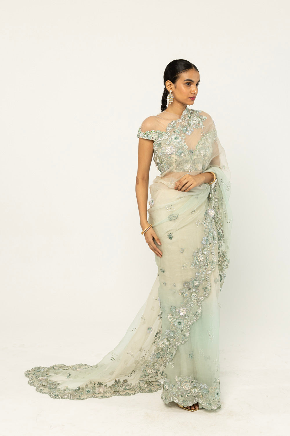 Himadri Hand-Embroidered Saree Set in Mint Ombre and Ivory