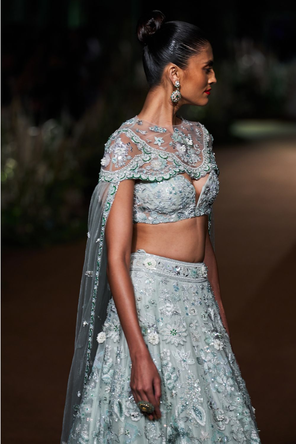 Himadri Silk Organza Lehenga Set with Hand-Embroidered Blouse and Cape in Mint