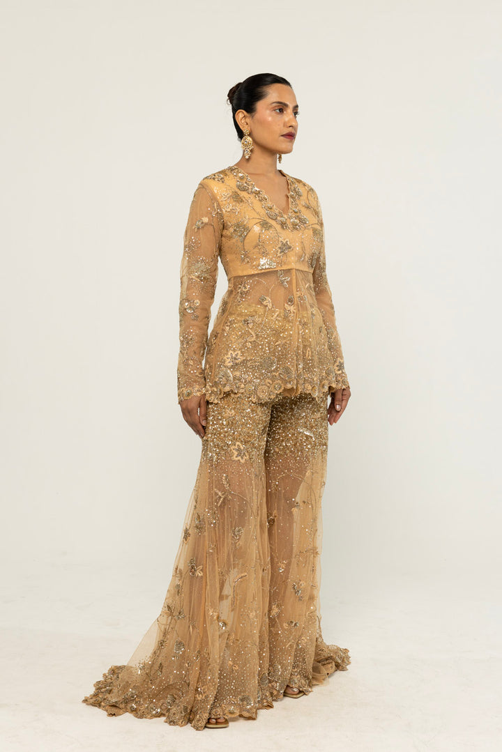 Anar Bel Hand-Embroidered Jacket Set in Nude