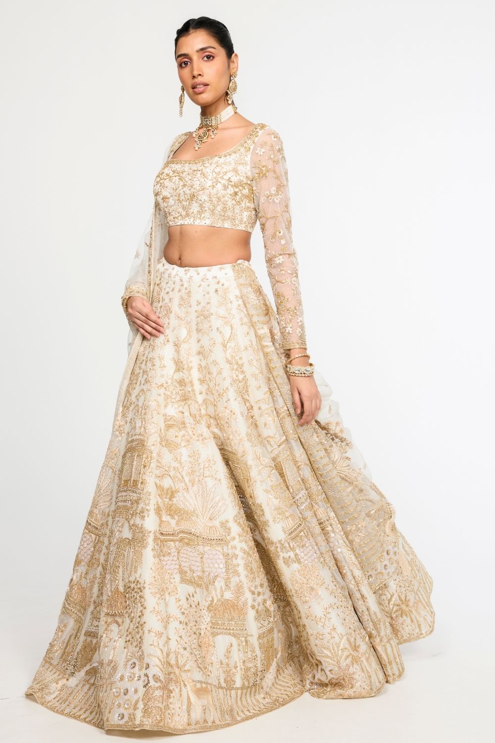 Jharokha Hand-Embroidered Lehenga Set with Blouse, Dupatta and Veil in Ivory
