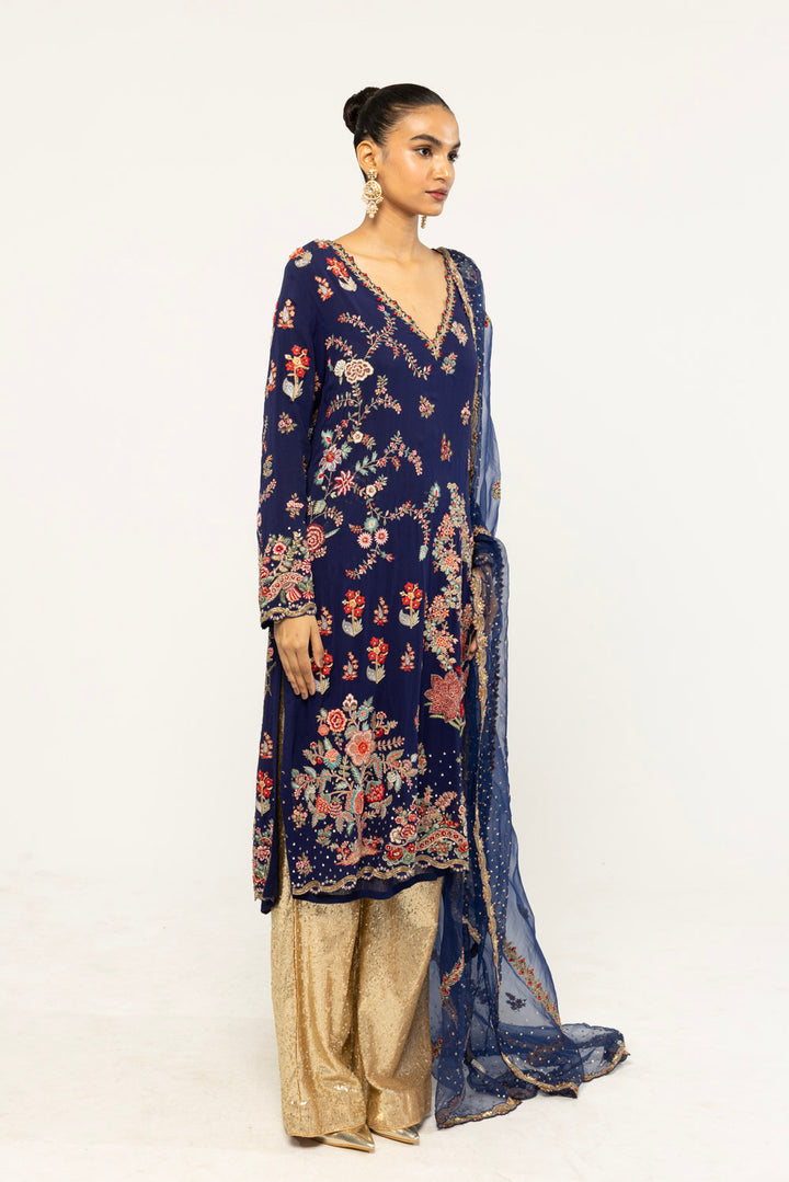 Chintz Hand-Embroidered Kurta Set in Navy