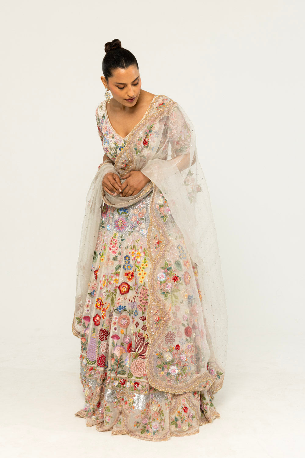 Himadri Hand-Embroidered Lehenga Set in Ivory