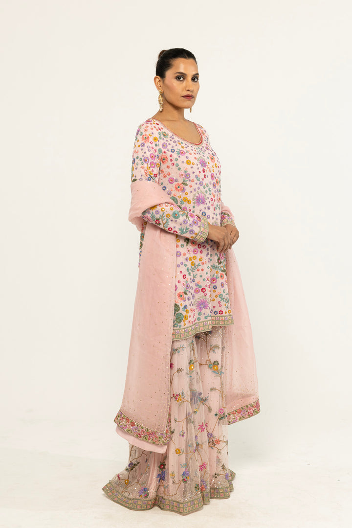 Haveli Hand-Embroidered Sharara Set in Lavender