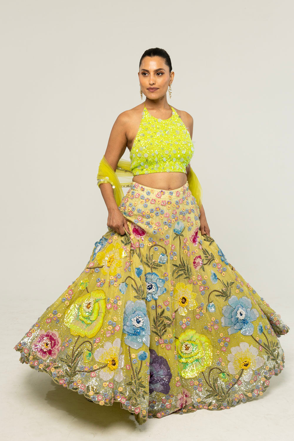 Peonies Hand-Embroidered Lehenga Set in Lime Ombre