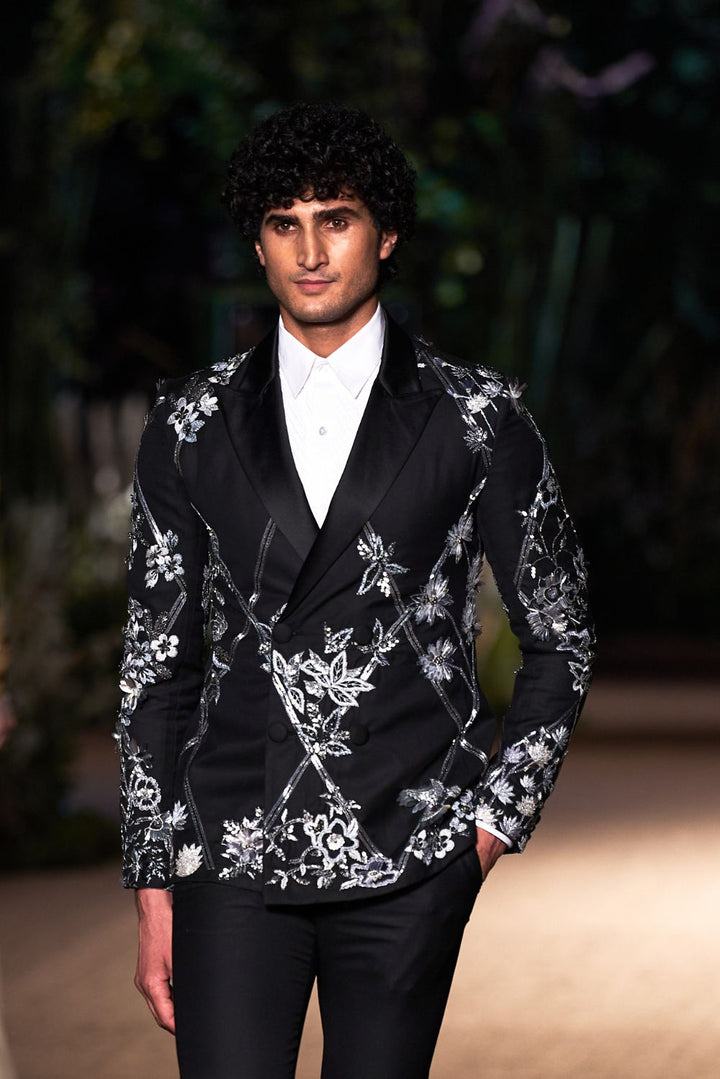 Sundarbans Hand-Embroidered Jacket in Black and Grey