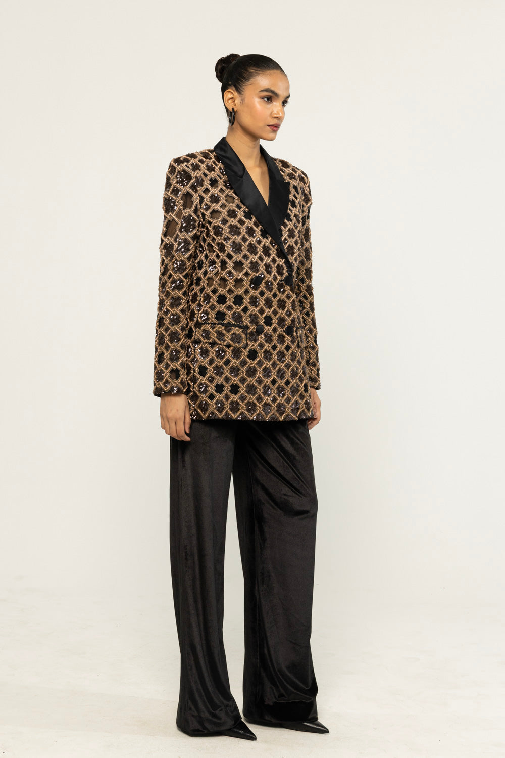 Lattice Hand-Embroidered Jacket in Black and Gold