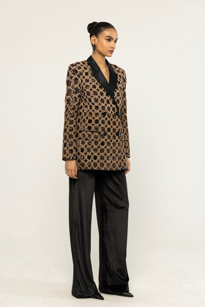 Lattice Hand-Embroidered Jacket in Black and Gold