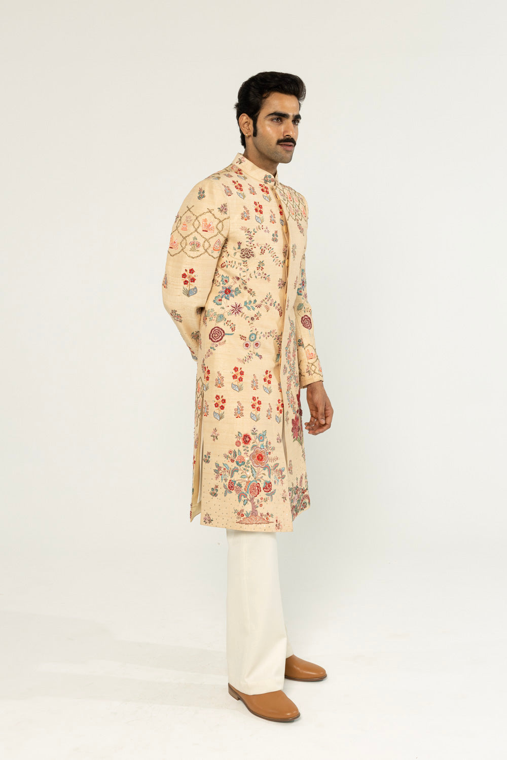Chintz Hand-Embroidered Sherwani in Tea Stain