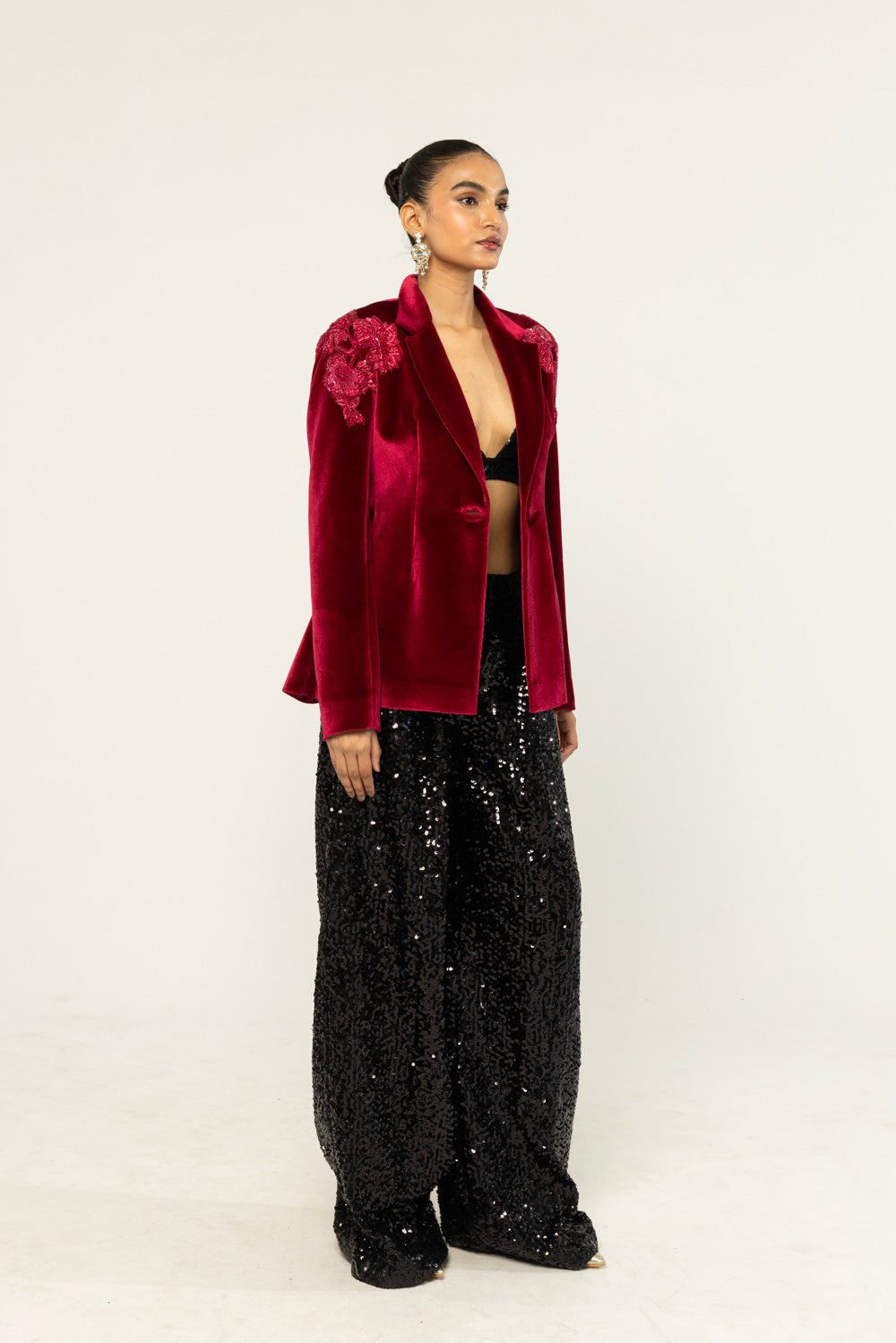 Anar Bel Hand-Embroidered Jacket in Burgundy
