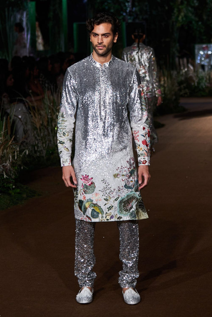 Padma Hand-Embroidered Kurta with Sequinence Hand-Sequinned Trousers in Ivory and Silver