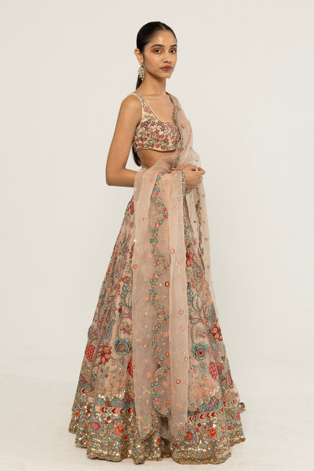 Chintz Hand-Embroidered Lehenga Set in Pastel Peach