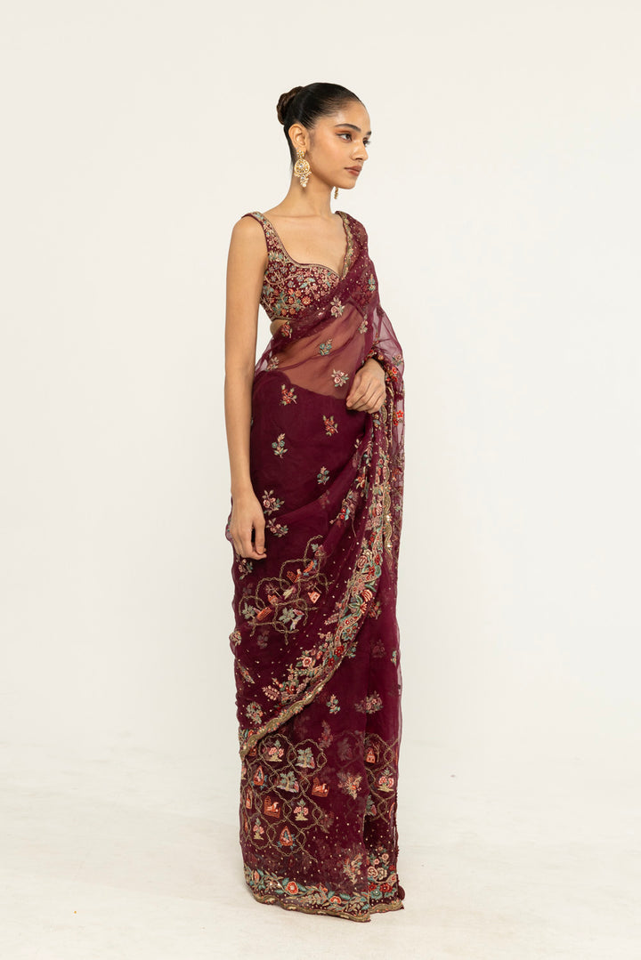 Chintz Hand-Embroidered Saree Set in Burgundy