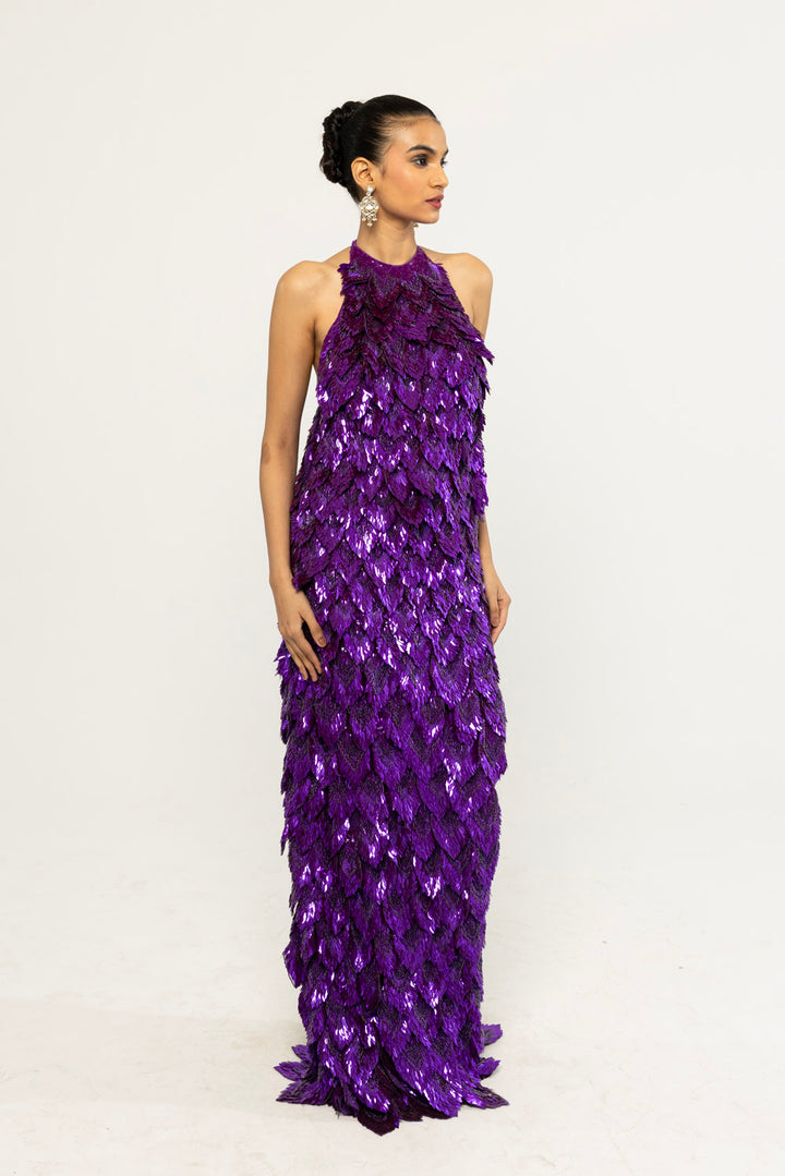 Iris Hand-Embroidered Gown in Purple