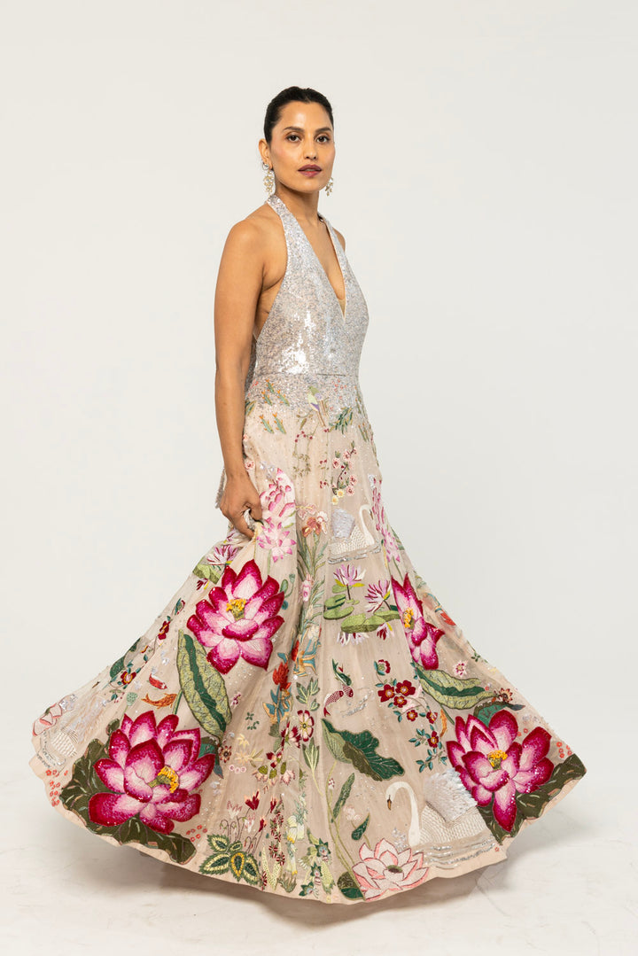Padma Hand-Embroidered Gown in Nude