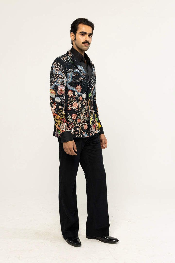 Cosmos Hand-Embroidered Jacket in Black