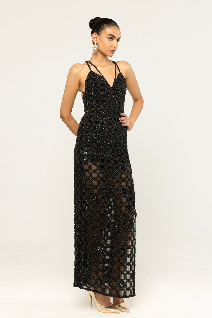 Lattice Hand-Embroidered Gown in Black