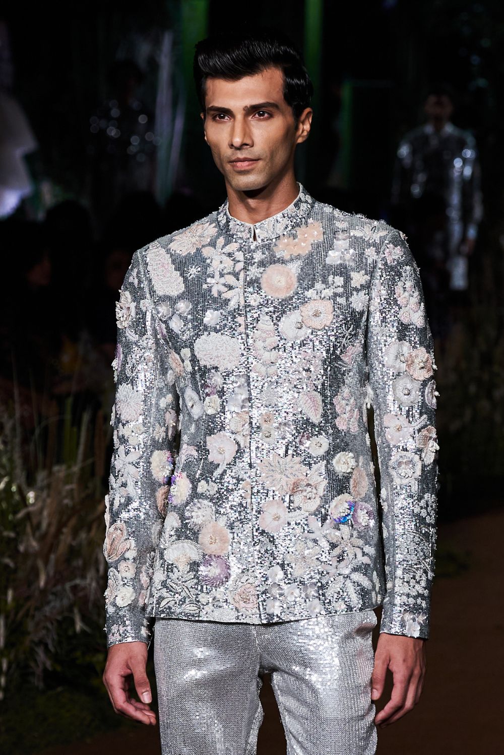 Himadri Hand-Embroidered Bandhgala with Sequinence Hand-Sequinned Trousers in Ivory and Silver