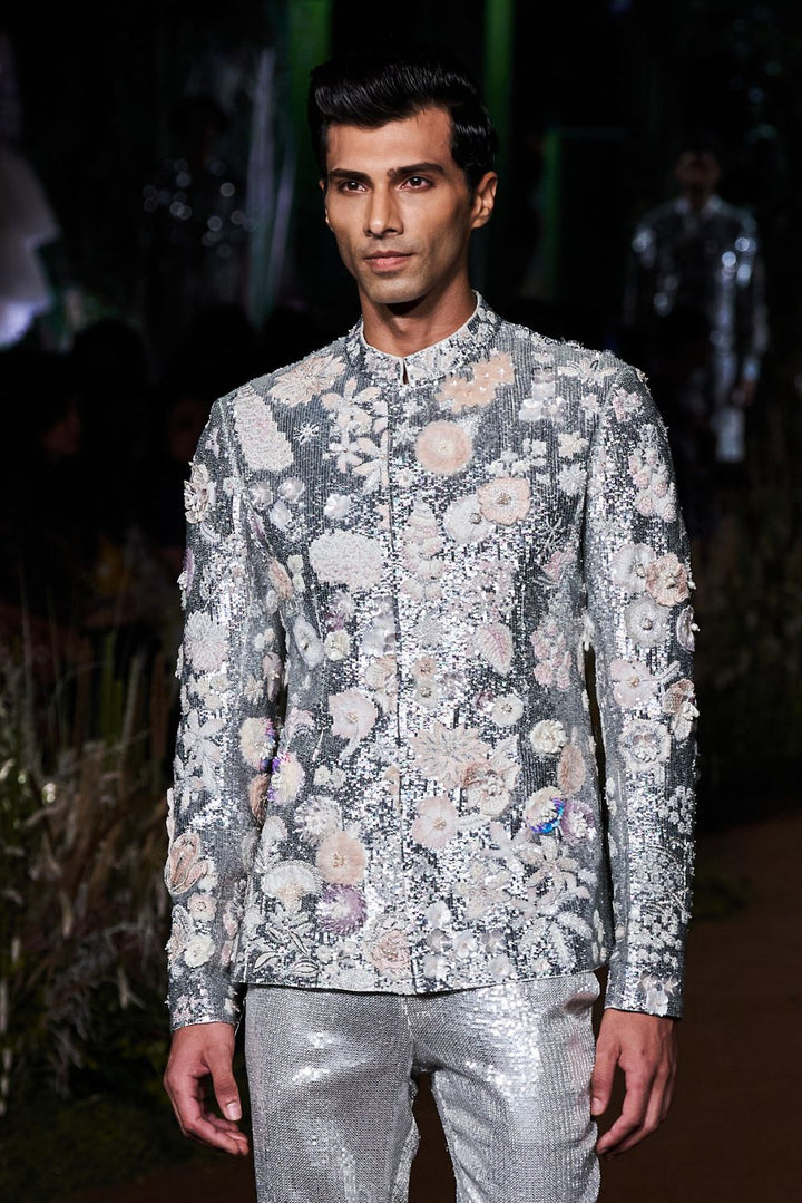 Himadri Hand-Embroidered Bandhgala with Sequinence Hand-Sequinned Trousers in Ivory and Silver